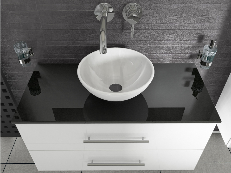 Flex Badm&ouml;bel 100, Wei&szlig; Hochglanz Lackiert, Keramik Waschbecken, Natursteinplatte
