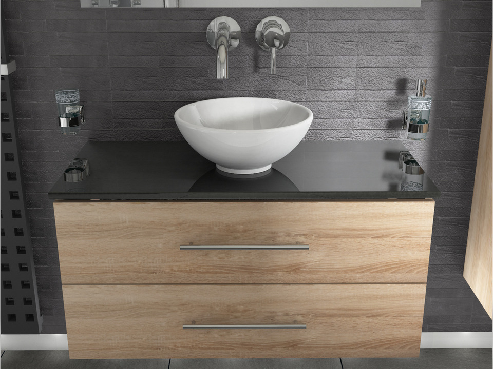 Flex Badm&ouml;bel 100, Eiche Gold, Keramik Waschbecken, Natursteinplatte