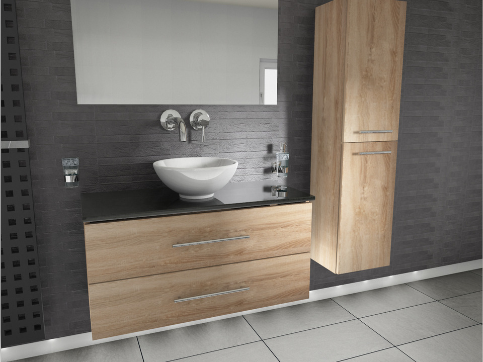 Flex Badm&ouml;bel 100, Eiche Gold, Keramik Waschbecken, Natursteinplatte