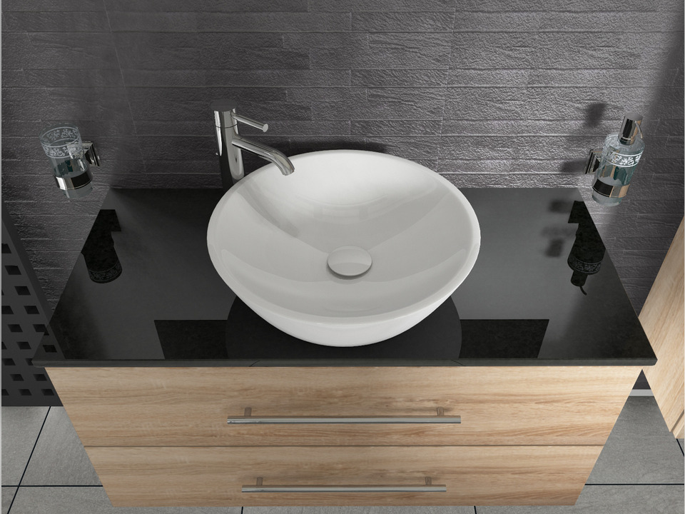 Flex Badm&ouml;bel 100, Eiche Gold, Keramik Waschbecken, Natursteinplatte