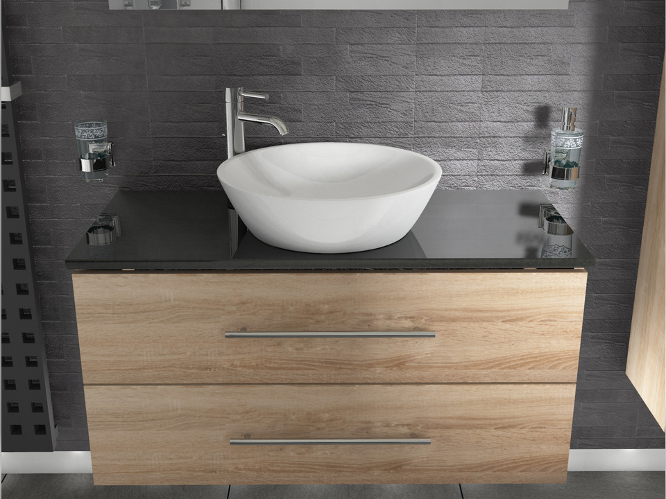 Flex Badm&ouml;bel 100, Eiche Gold, Keramik Waschbecken, Natursteinplatte