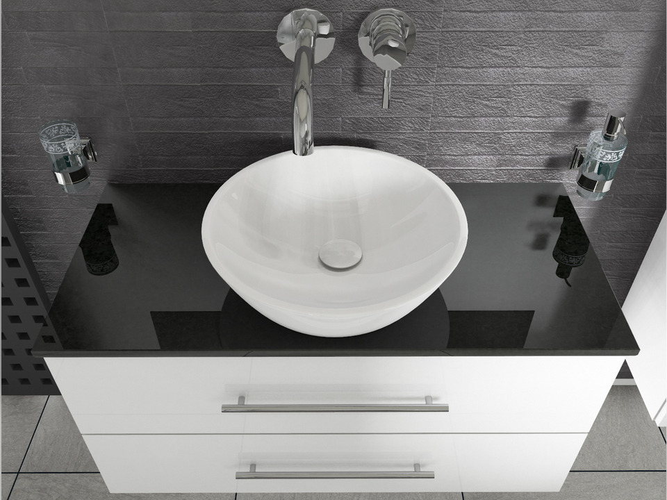 Flex Badm&ouml;bel 100, Wei&szlig; Hochglanz Lackiert, Keramik Waschbecken, Natursteinplatte