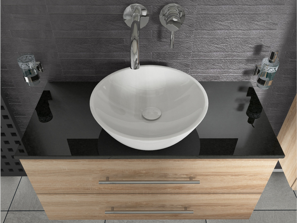 Flex Badm&ouml;bel 100, Eiche Gold, Keramik Waschbecken, Natursteinplatte