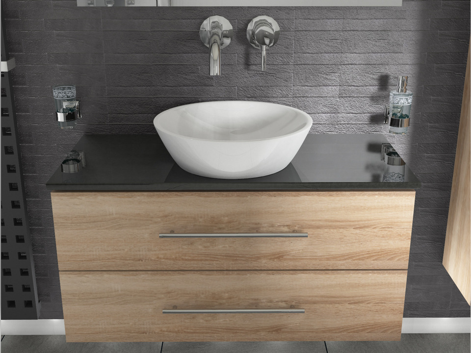 Flex Badm&ouml;bel 100, Eiche Gold, Keramik Waschbecken, Natursteinplatte