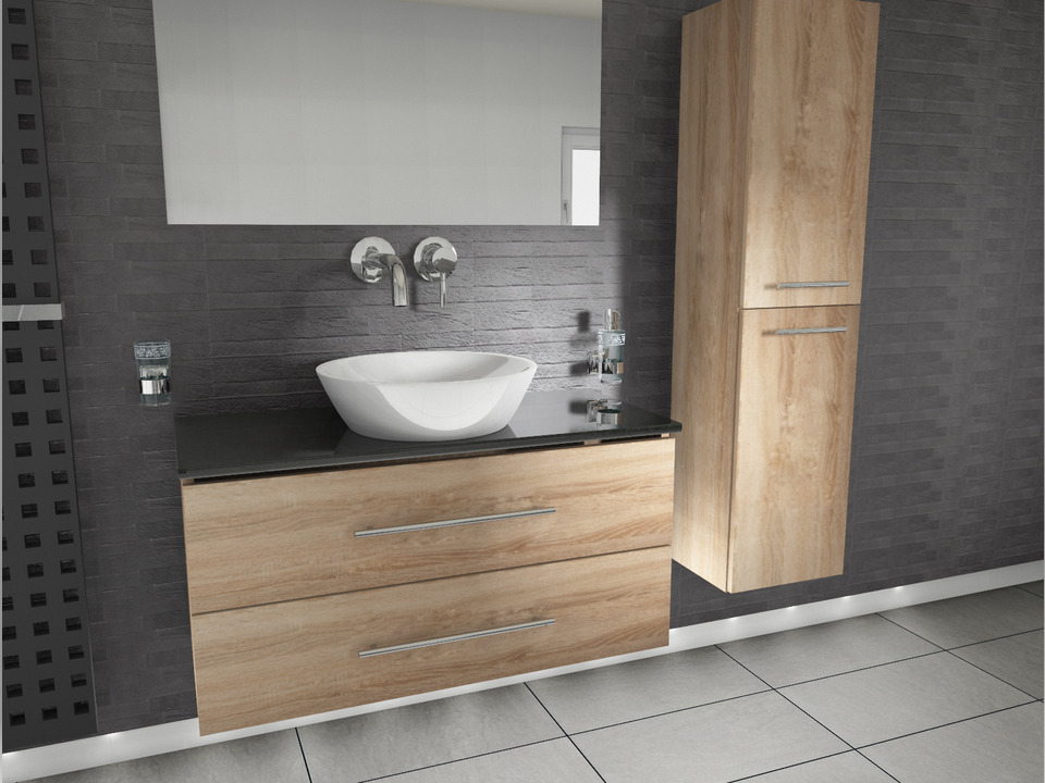 Flex Badm&ouml;bel 100, Eiche Gold, Keramik Waschbecken, Natursteinplatte