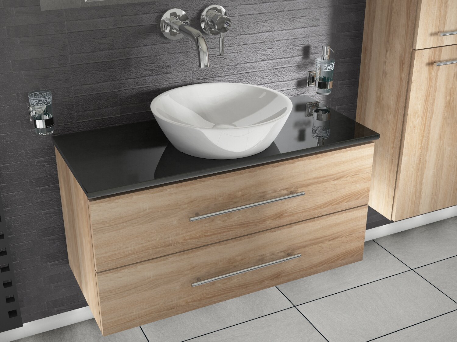 Flex Badm&ouml;bel 100, Eiche Gold, Keramik Waschbecken, Natursteinplatte