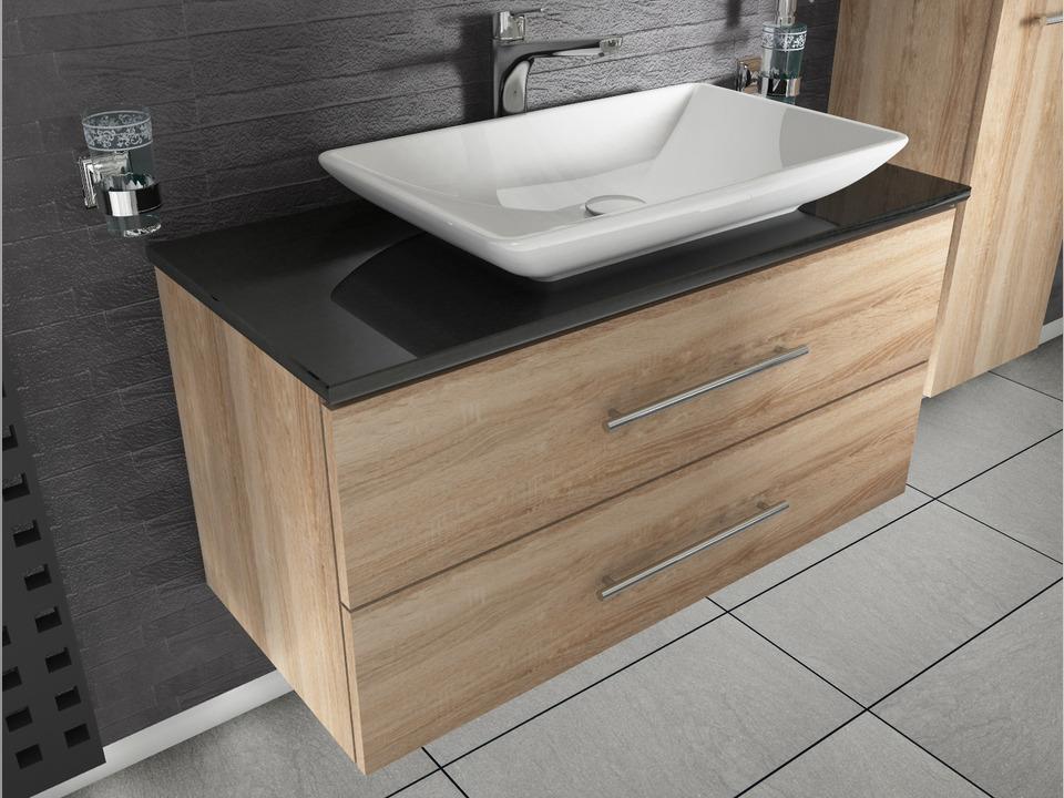 Flex Badm&ouml;bel 100, Eiche Gold, Keramik Waschbecken, Natursteinplatte