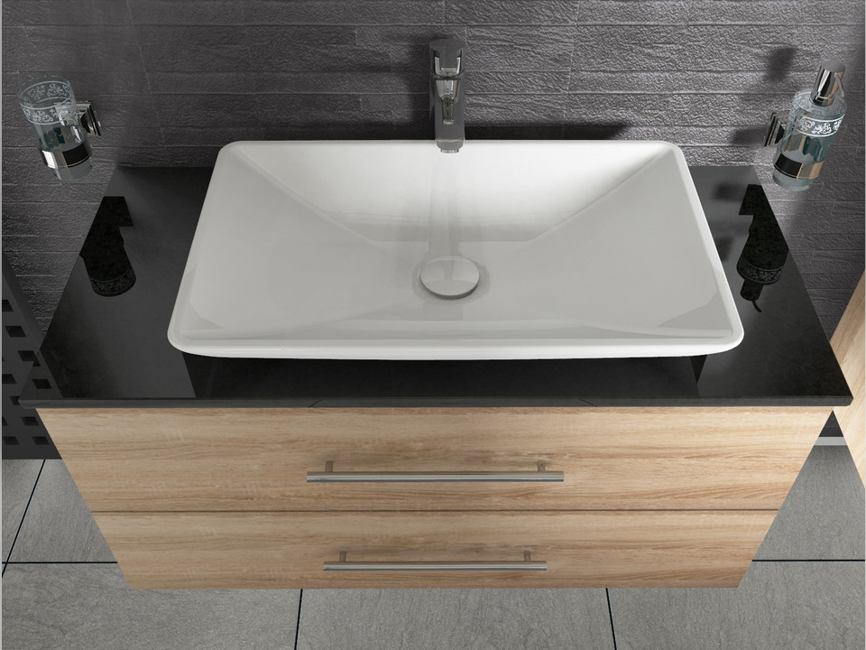 Flex Badm&ouml;bel 100, Eiche Gold, Keramik Waschbecken, Natursteinplatte