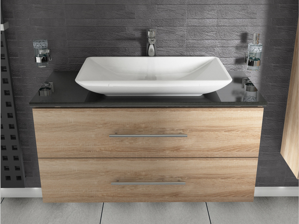 Flex Badm&ouml;bel 100, Eiche Gold, Keramik Waschbecken, Natursteinplatte
