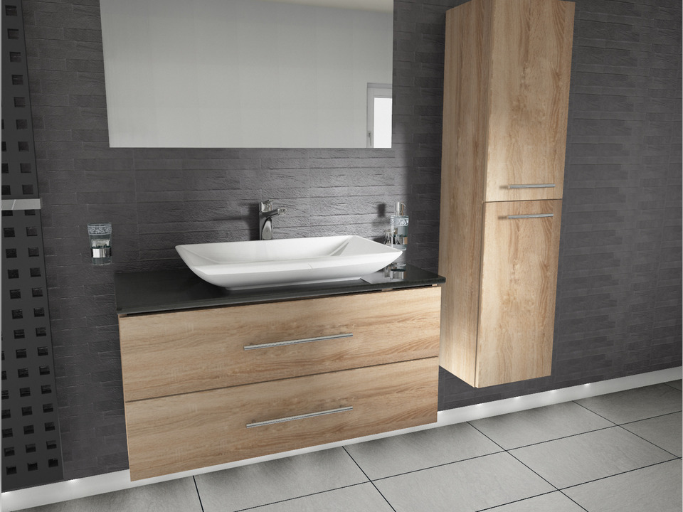 Flex Badm&ouml;bel 100, Eiche Gold, Keramik Waschbecken, Natursteinplatte