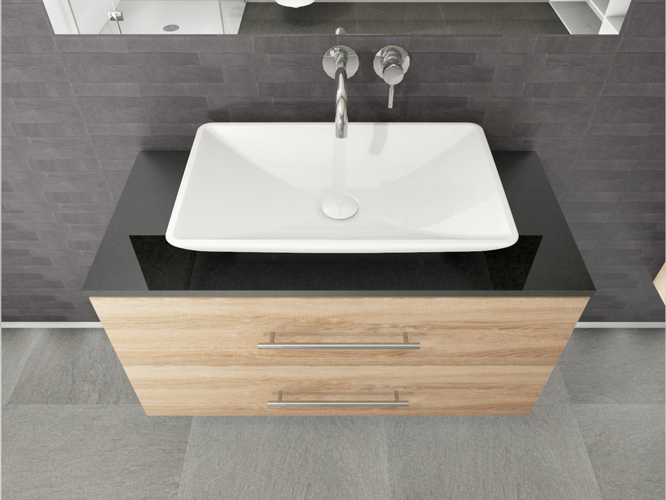 Flex Badm&ouml;bel 100, Eiche Gold, Keramik Waschbecken, Natursteinplatte