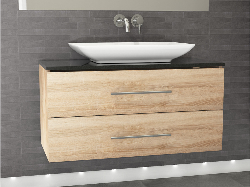 Flex Badm&ouml;bel 100, Eiche Gold, Keramik Waschbecken, Natursteinplatte