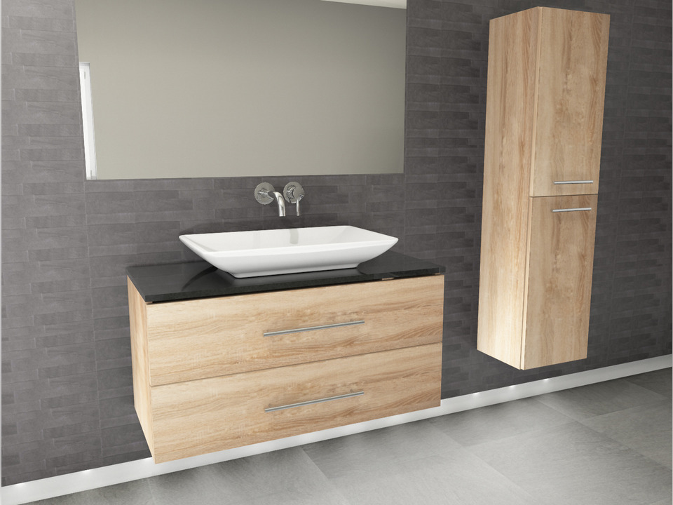 Flex Badm&ouml;bel 100, Eiche Gold, Keramik Waschbecken, Natursteinplatte