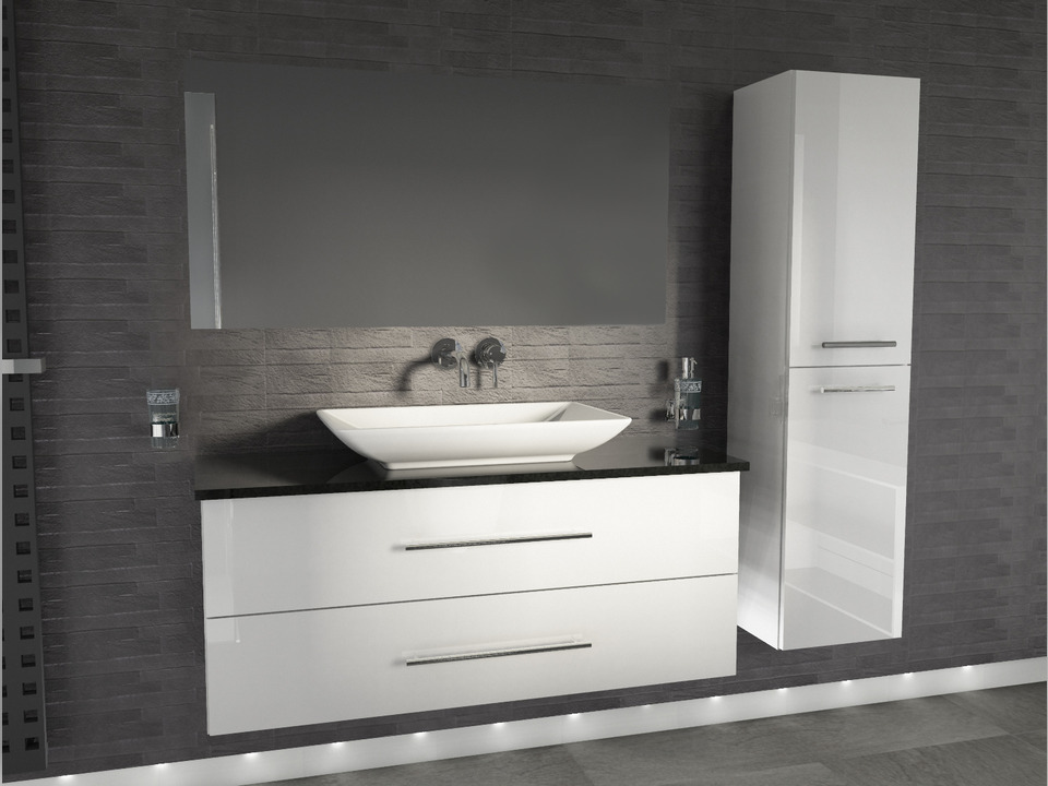 Flex Badm&ouml;bel 120, Wei&szlig; Hochglanz Lackiert, Keramik Waschbecken, Natursteinplatte