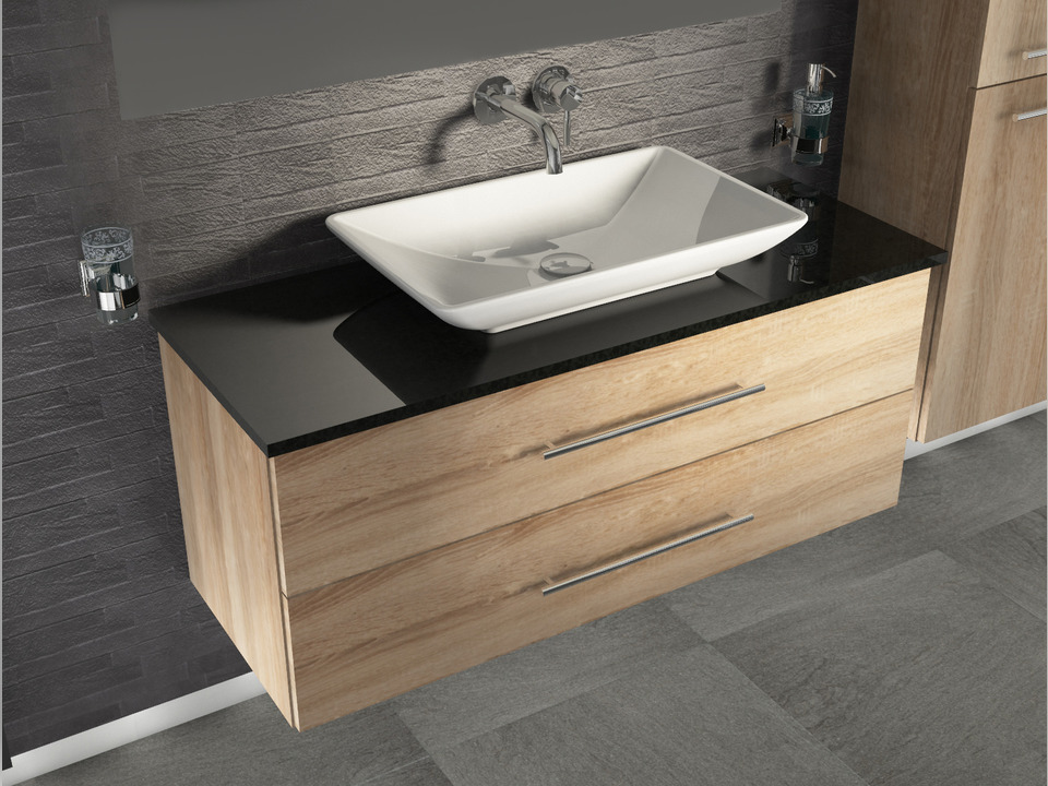 Flex Badm&ouml;bel 120, Eiche Gold, Keramik Waschbecken, Natursteinplatte