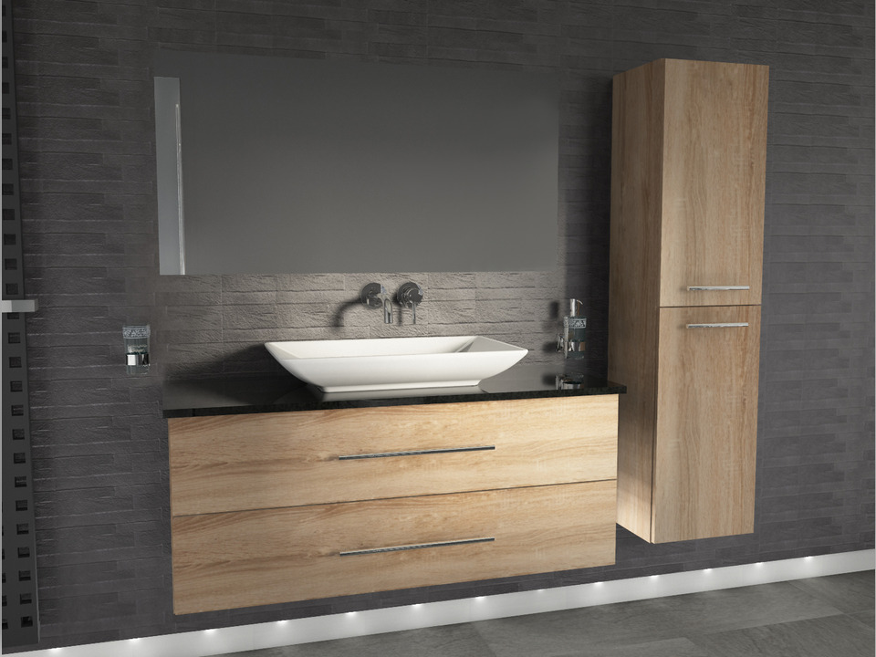 Flex Badm&ouml;bel 120, Eiche Gold, Keramik Waschbecken, Natursteinplatte