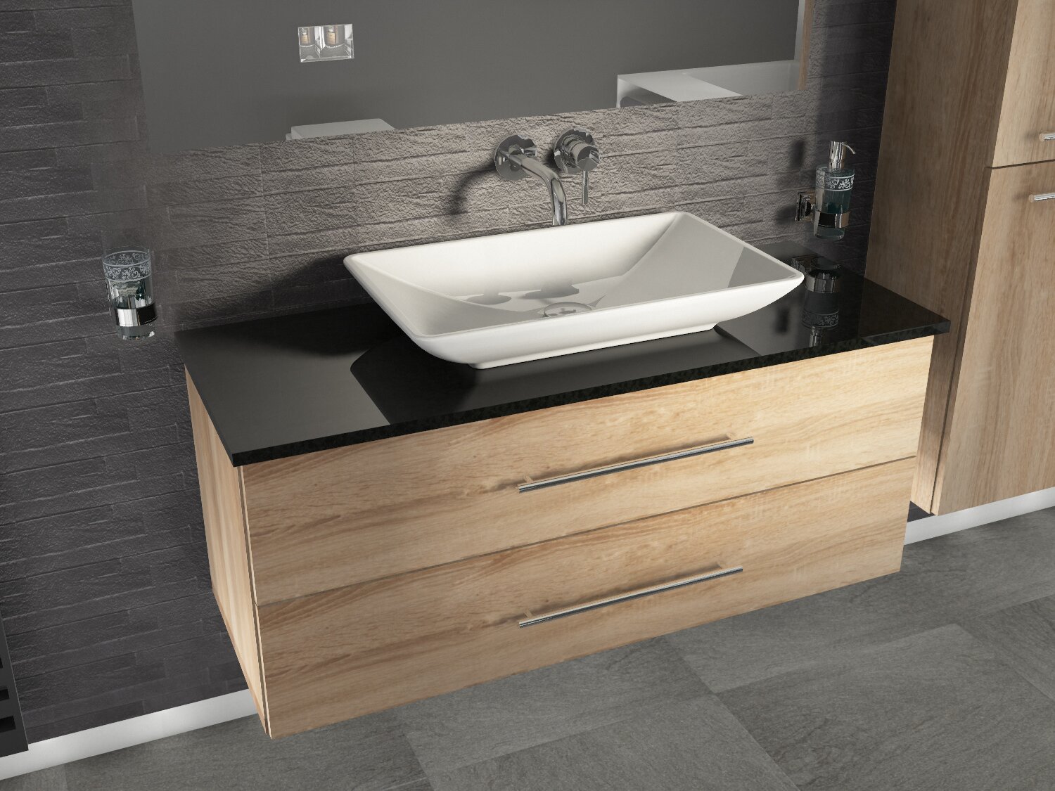 Flex Badm&ouml;bel 120, Eiche Gold, Keramik Waschbecken, Natursteinplatte