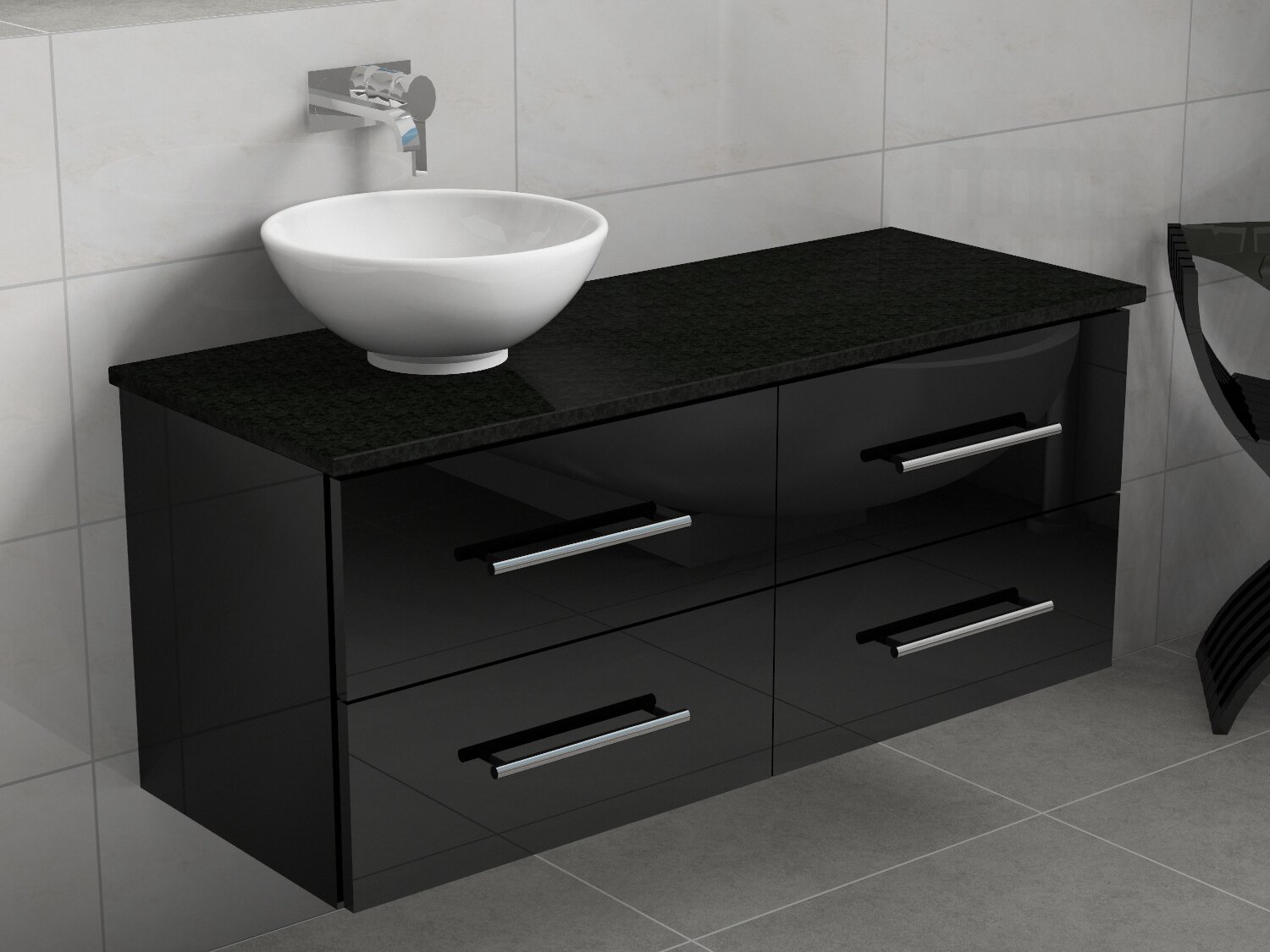 Flex Badm&ouml;bel 120, Schwarz Hochglanz Lackiert, Keramik Waschbecken, Natursteinplatte