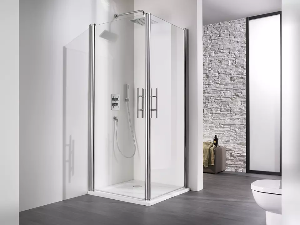 HSK Duschkabine Exklusiv Eckeinstieg, 2-teilig Dusche 90x90x200 in alu silber-matt Echtglas mit EDELGLAS-Beschichtung