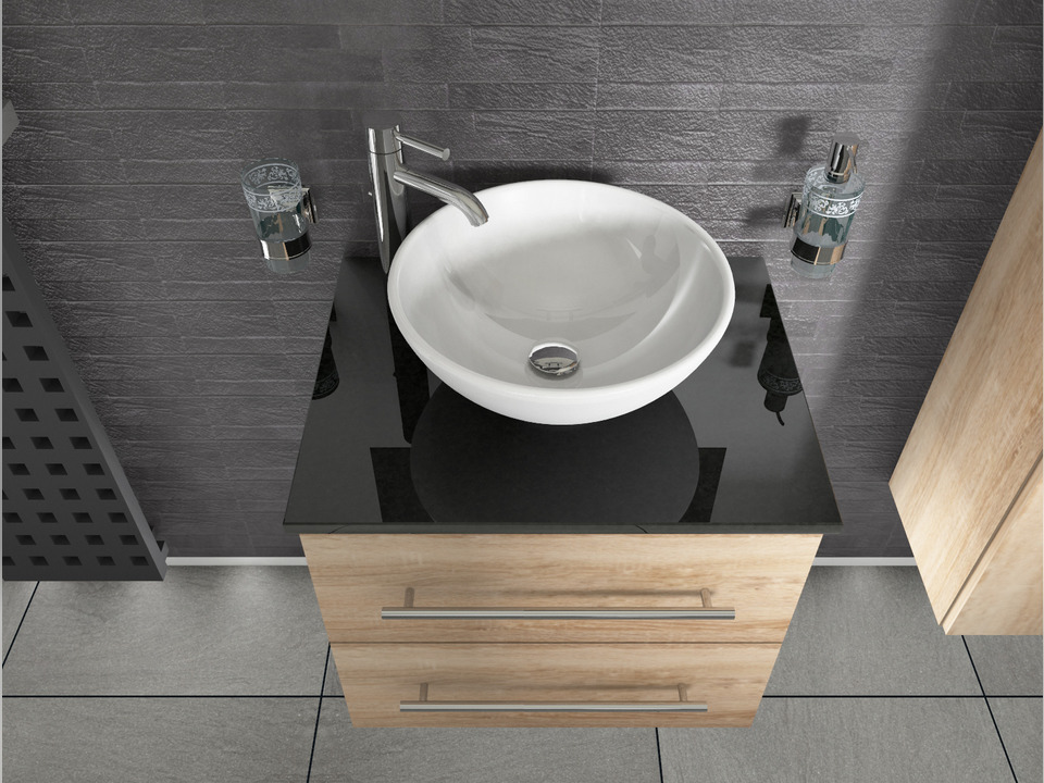 Flex Badm&ouml;bel 60, Eiche Gold, Keramik Waschbecken, Natursteinplatte