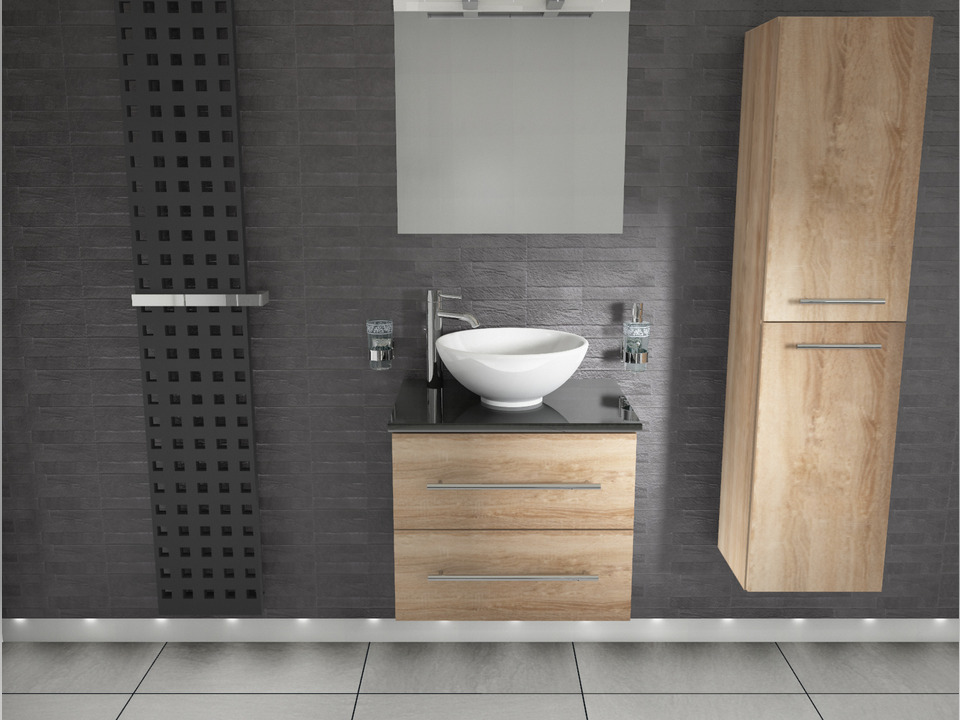 Flex Badm&ouml;bel 60, Eiche Gold, Keramik Waschbecken, Natursteinplatte