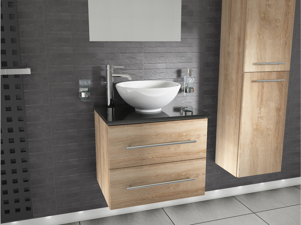 Flex Badm&ouml;bel 60, Eiche Gold, Keramik Waschbecken, Natursteinplatte