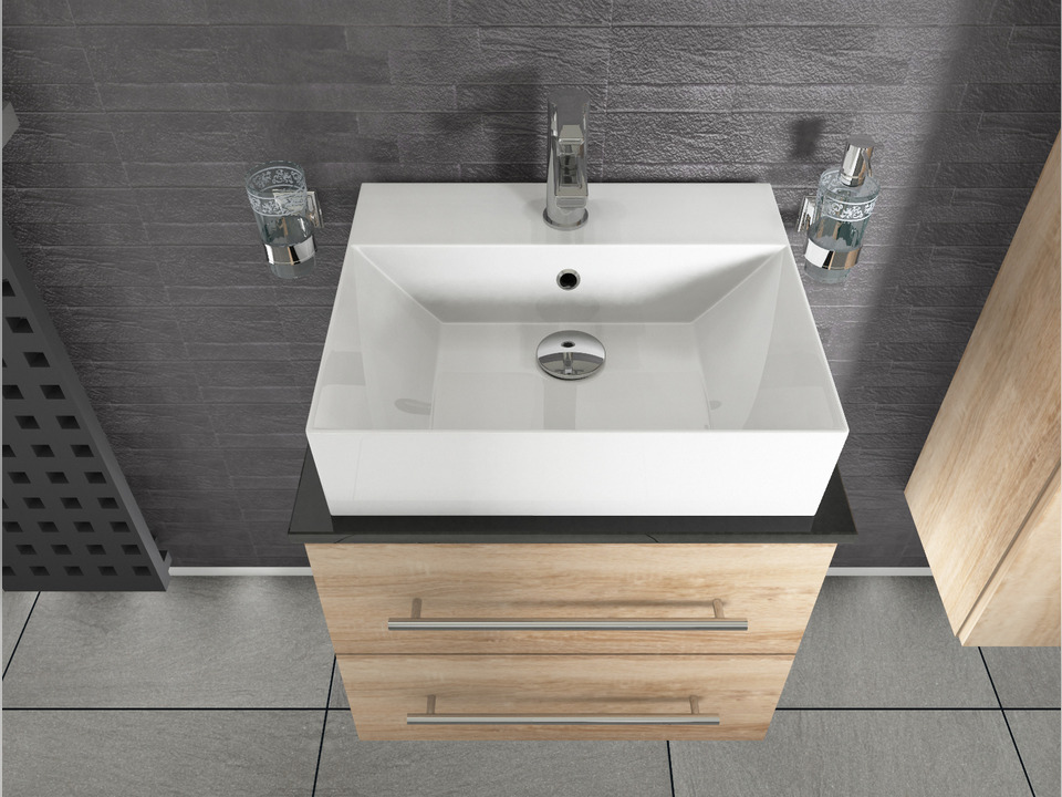 Flex Badm&ouml;bel 60, Eiche Gold, Keramik Waschbecken, Natursteinplatte
