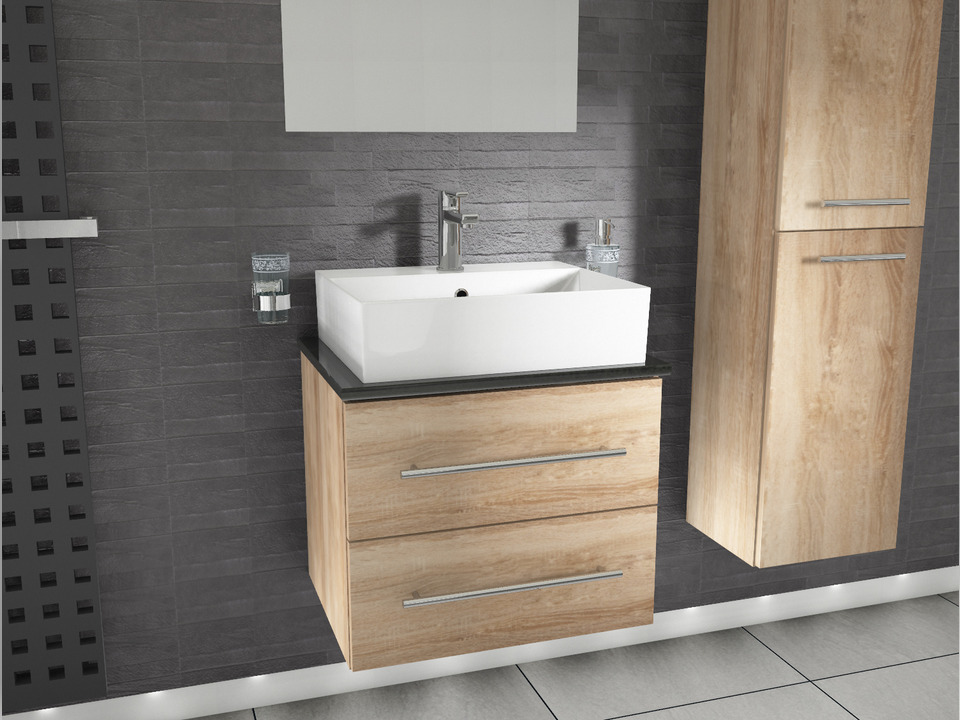 Flex Badm&ouml;bel 60, Eiche Gold, Keramik Waschbecken, Natursteinplatte