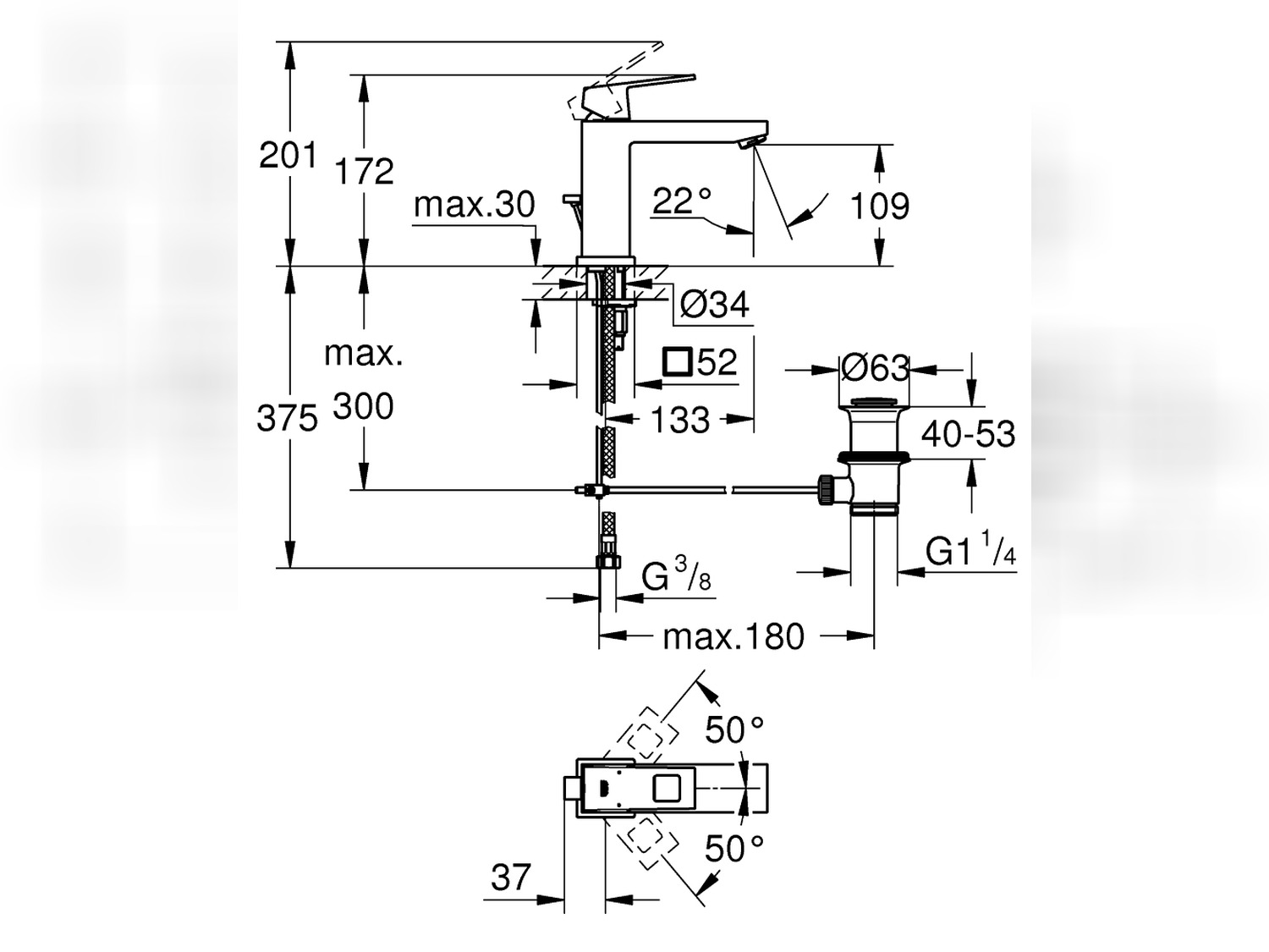 Grohe Eurocube Einhand-Waschtischbatterie, M-Size mit Ablaufgarnitur A