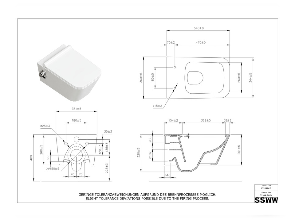 Wand Dusch WC Taharet - mit abnehmbaren Softclose Toiletten-Sitz - Bidet - Keramik - CT2041V-B