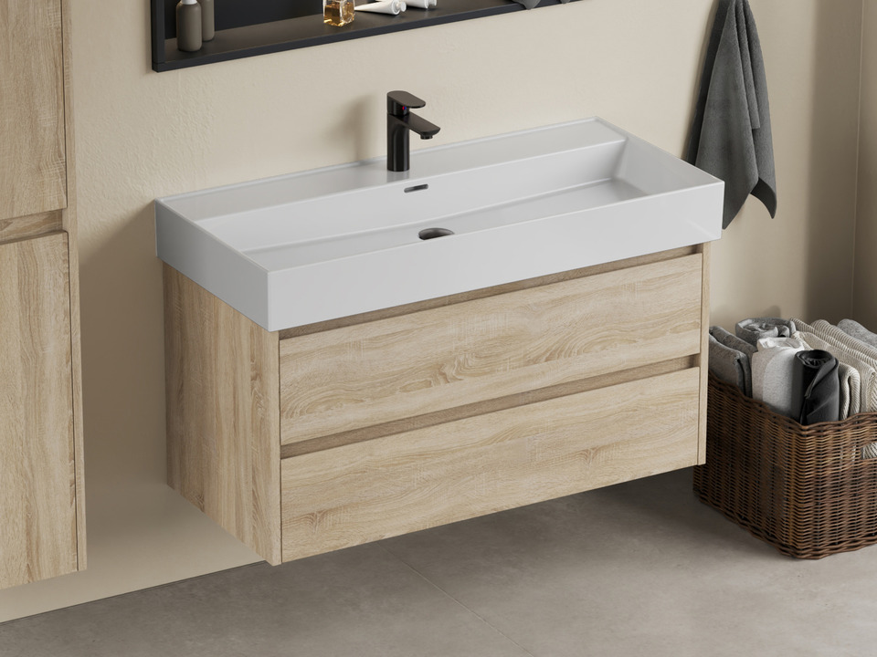 Duo Badm&ouml;bel 100, Eiche Gold, Keramik Waschbecken