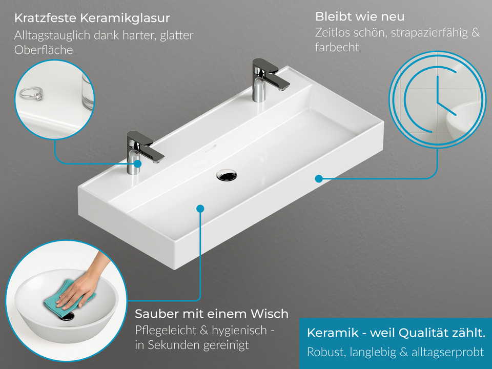 Duo Badm&ouml;bel 100, Wei&szlig; Hochglanz, Keramik Waschbecken