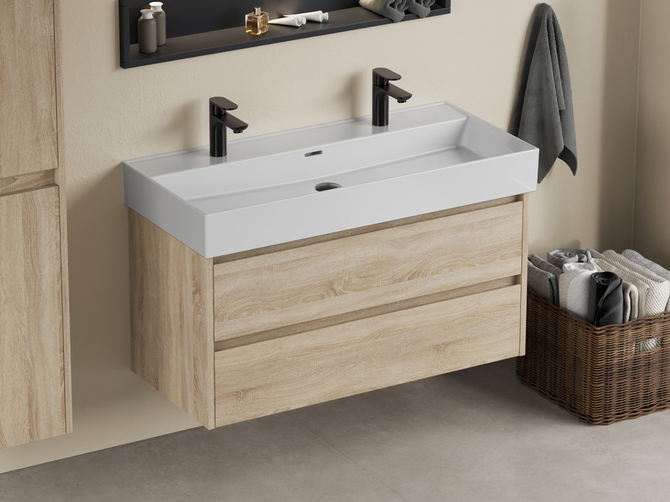 Duo Badm&ouml;bel 100, Eiche Gold, Keramik Waschbecken
