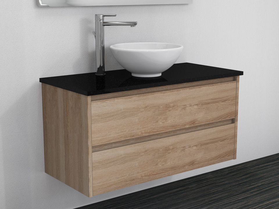 Duo Badm&ouml;bel 100, Eiche Gold, Keramik Waschbecken, Natursteinplatte