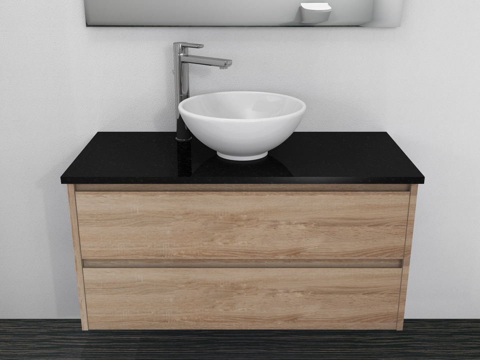 Duo Badm&ouml;bel 100, Eiche Gold, Keramik Waschbecken, Natursteinplatte