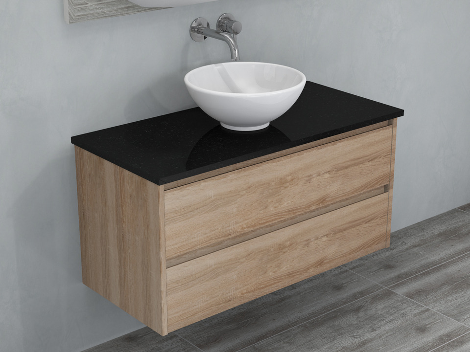 Duo Badm&ouml;bel 100, Eiche Gold, Keramik Waschbecken, Natursteinplatte