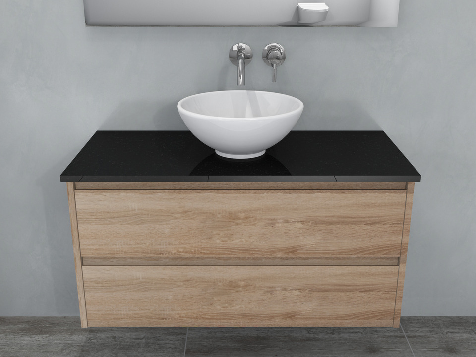 Duo Badm&ouml;bel 100, Eiche Gold, Keramik Waschbecken, Natursteinplatte