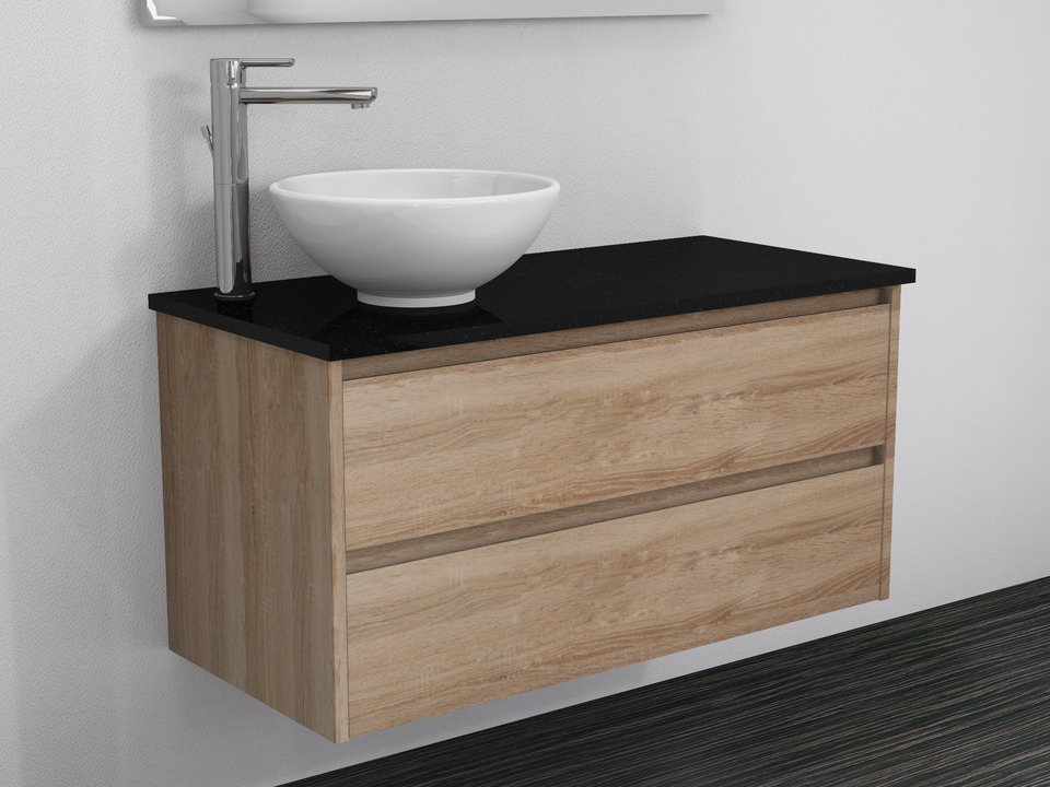 Duo Badm&ouml;bel 100, Eiche Gold, Keramik Waschbecken, Natursteinplatte