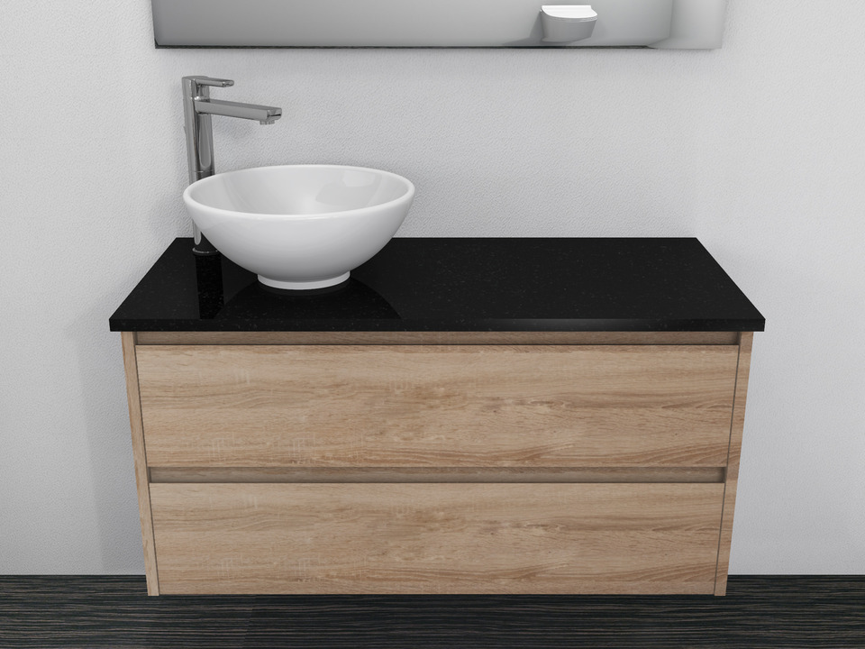 Duo Badm&ouml;bel 100, Eiche Gold, Keramik Waschbecken, Natursteinplatte