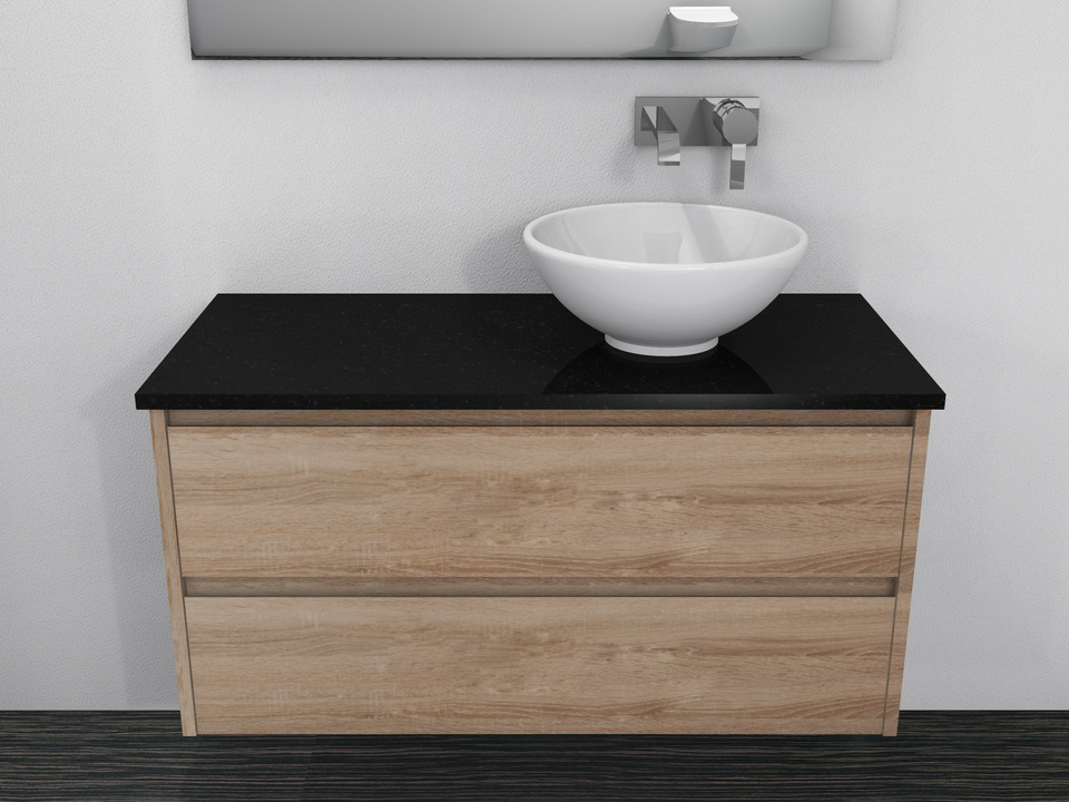 Duo Badm&ouml;bel 100, Eiche Gold, Keramik Waschbecken, Natursteinplatte