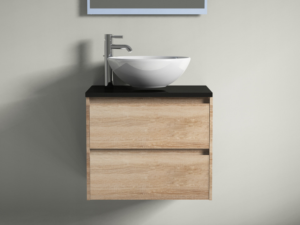 Duo Badm&ouml;bel 60, Eiche Gold, Keramik Waschbecken, Natursteinplatte