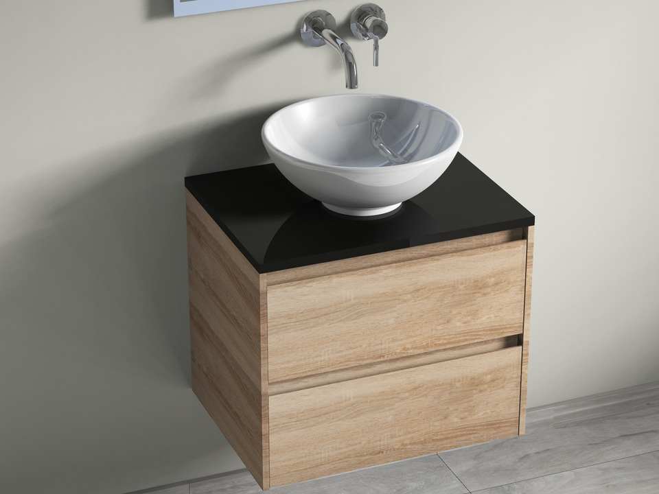 Duo Badm&ouml;bel 60, Eiche Gold, Keramik Waschbecken, Natursteinplatte