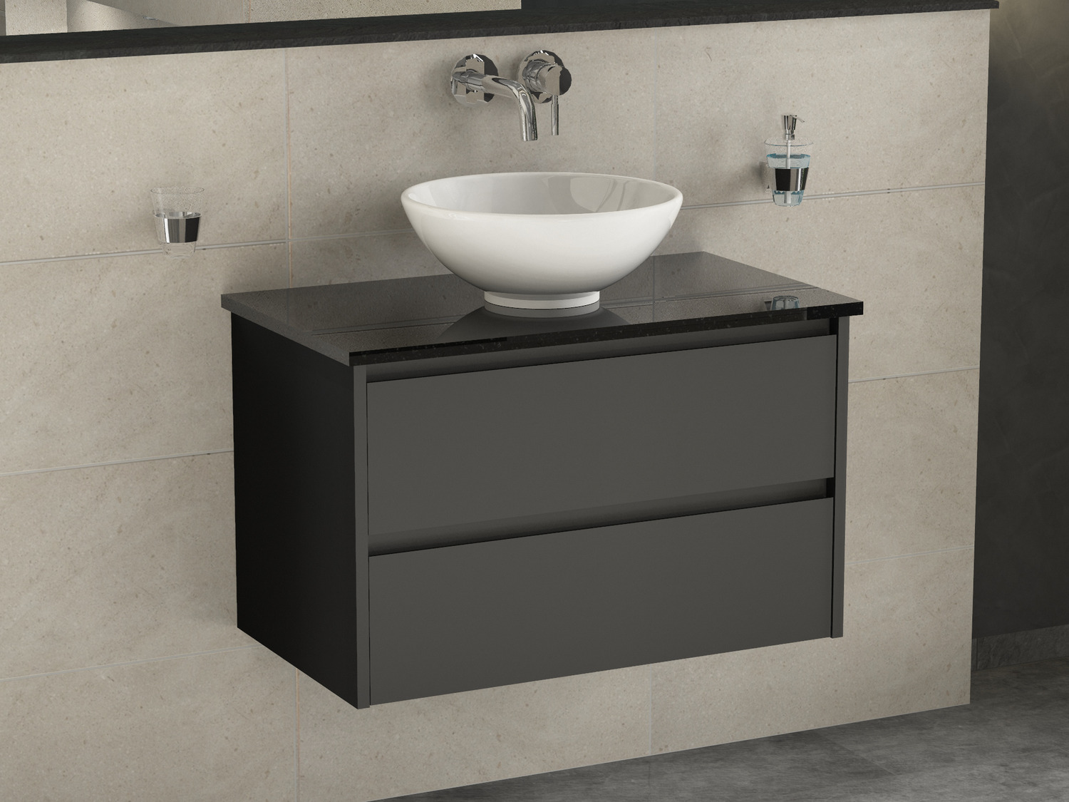 Duo Badm&ouml;bel 80, Anthrazit Matt, Keramik Waschbecken, Natursteinplatte
