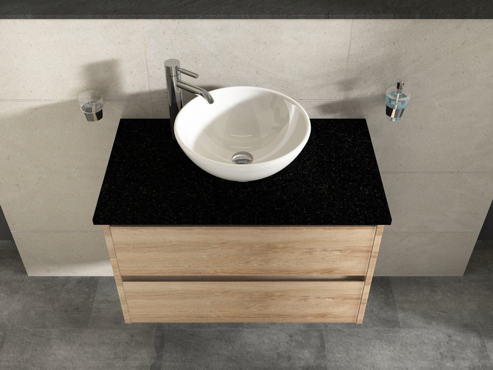 Duo Badm&ouml;bel 80, Eiche Gold, Keramik Waschbecken, Natursteinplatte