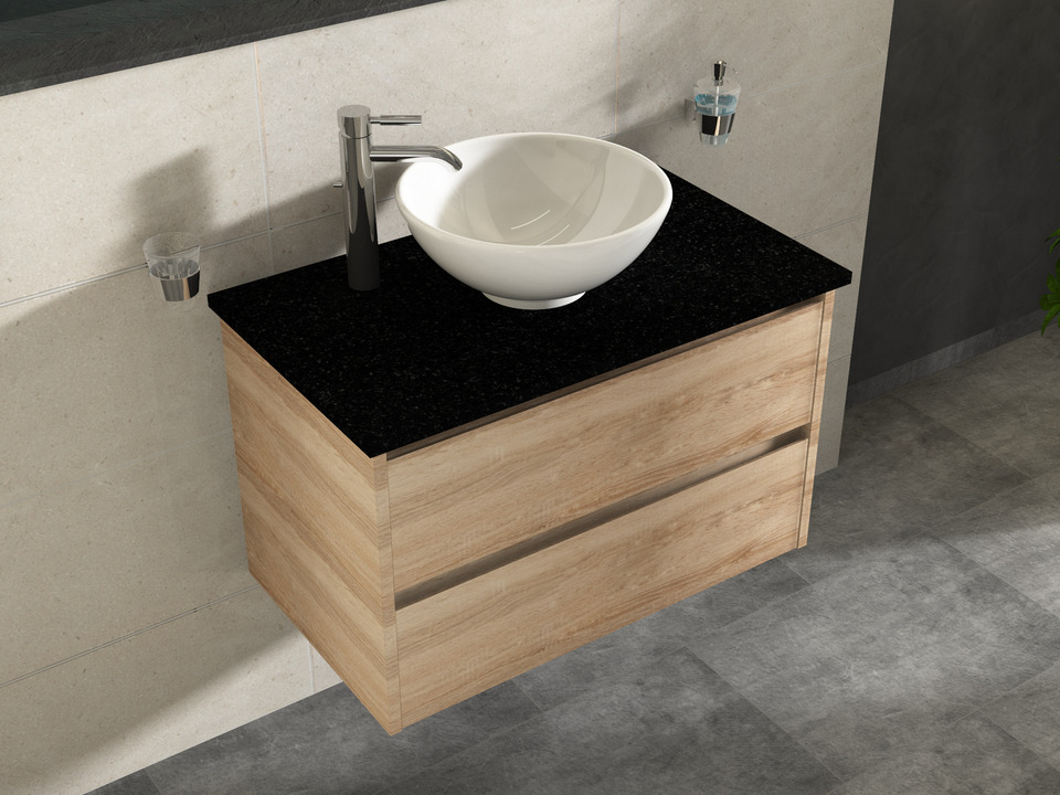 Duo Badm&ouml;bel 80, Eiche Gold, Keramik Waschbecken, Natursteinplatte