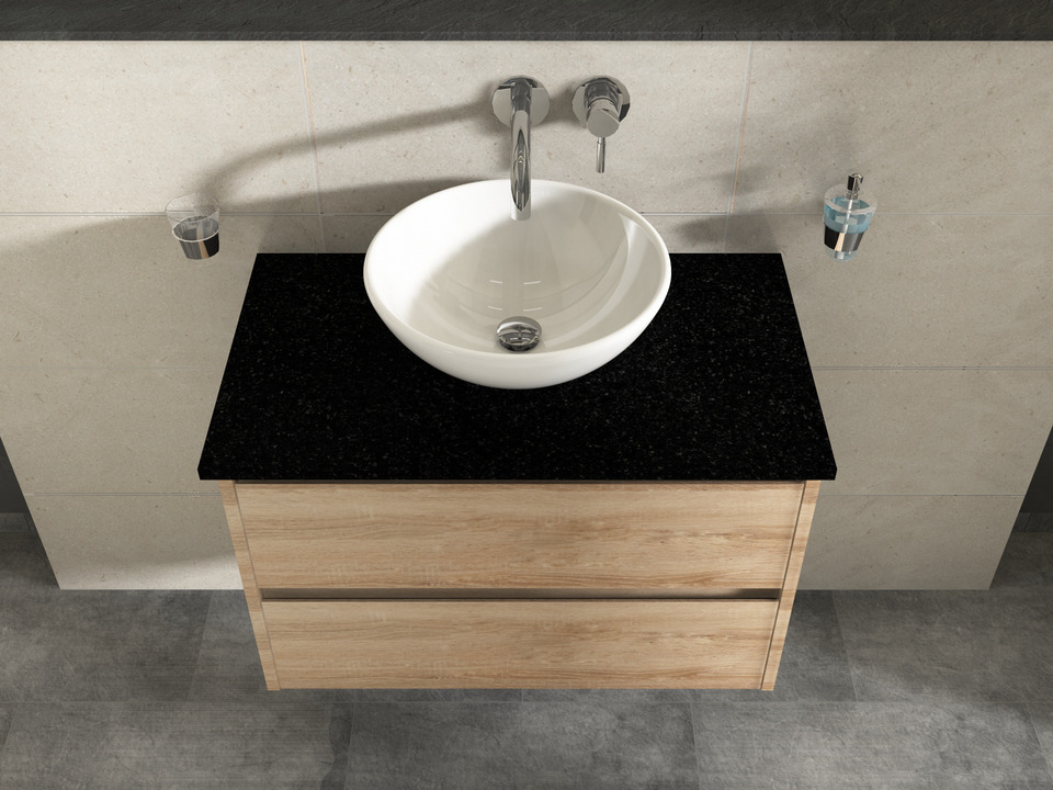 Duo Badm&ouml;bel 80, Eiche Gold, Keramik Waschbecken, Natursteinplatte