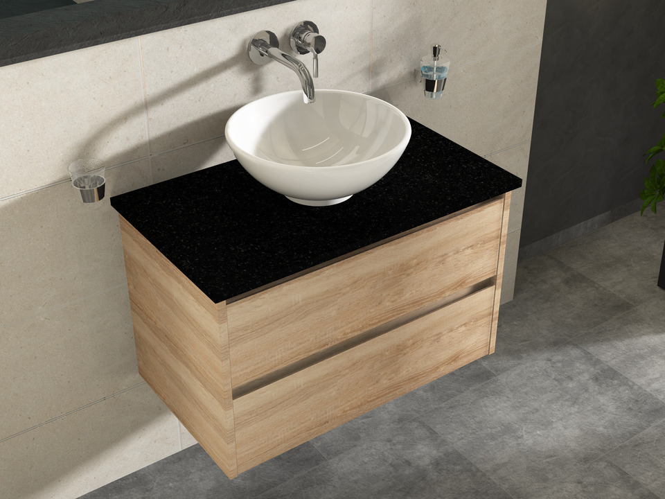 Duo Badm&ouml;bel 80, Eiche Gold, Keramik Waschbecken, Natursteinplatte