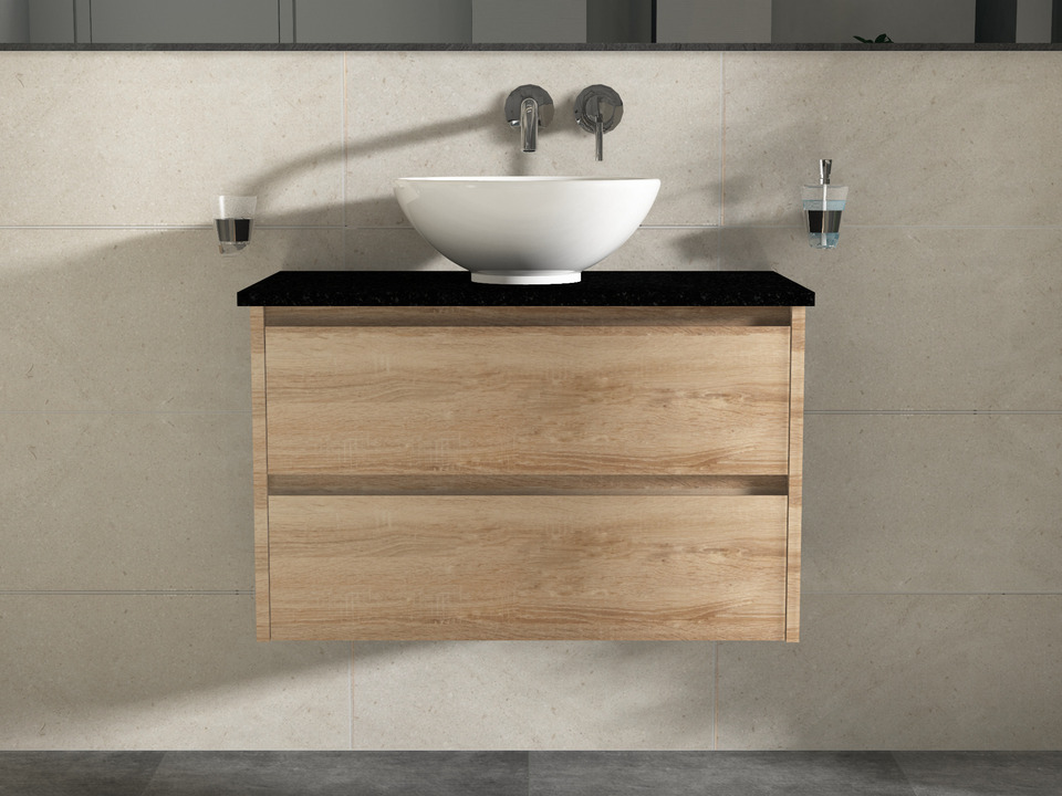 Duo Badm&ouml;bel 80, Eiche Gold, Keramik Waschbecken, Natursteinplatte