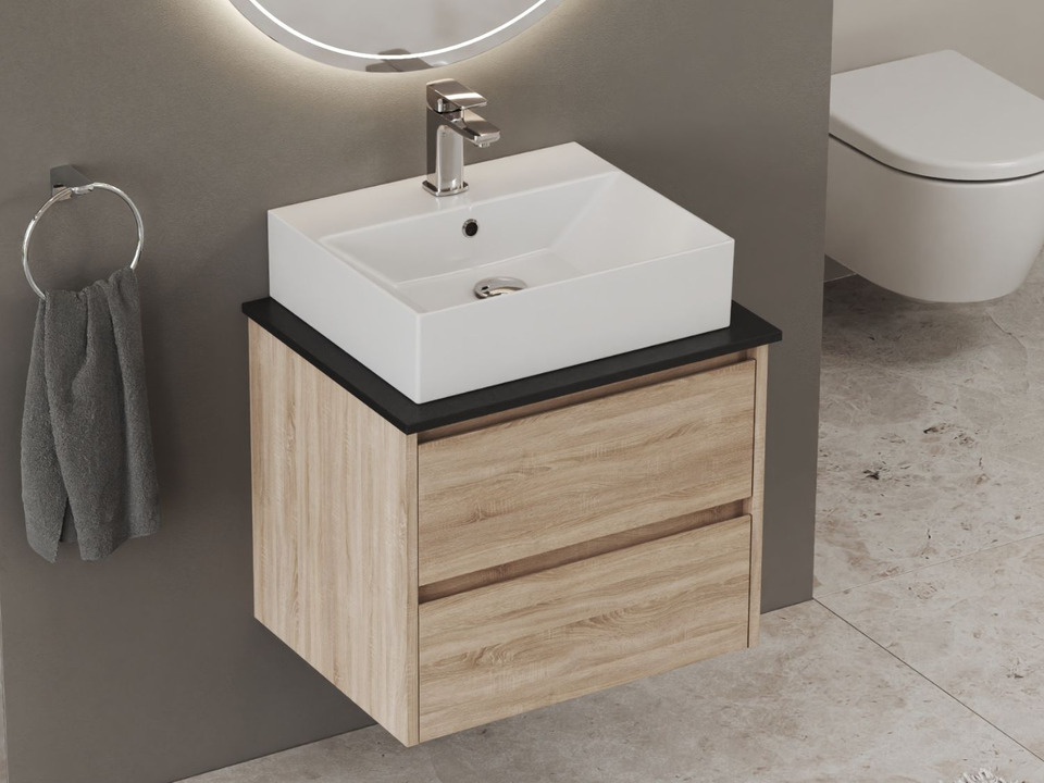 Duo Badm&ouml;bel 60, Eiche Gold, Keramik Waschbecken, Natursteinplatte
