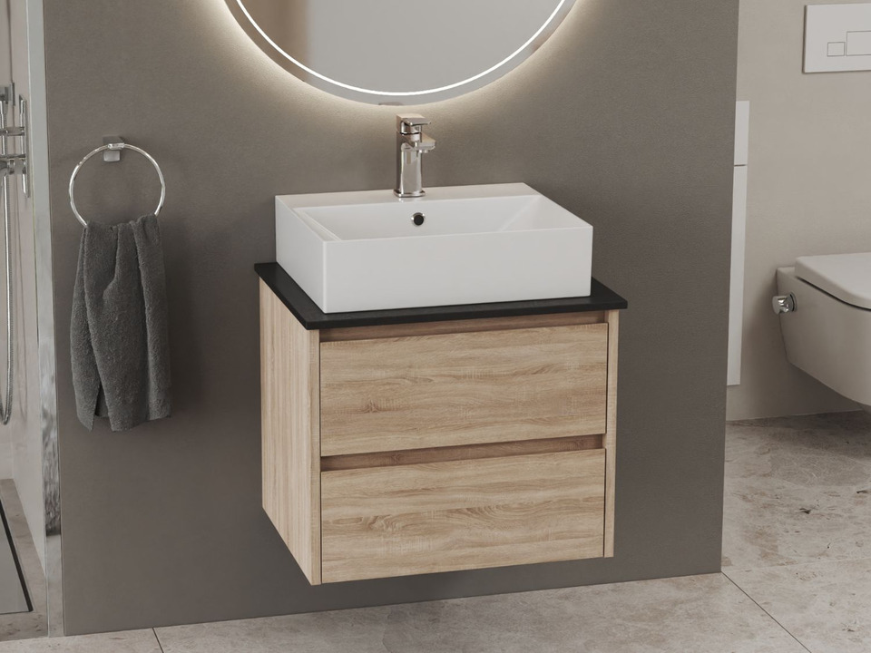 Duo Badm&ouml;bel 60, Eiche Gold, Keramik Waschbecken, Natursteinplatte